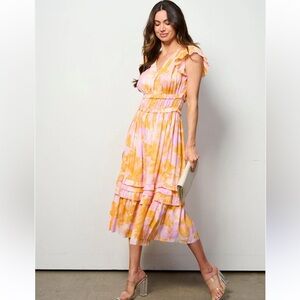 Floral Pink and Orange Midi Dress